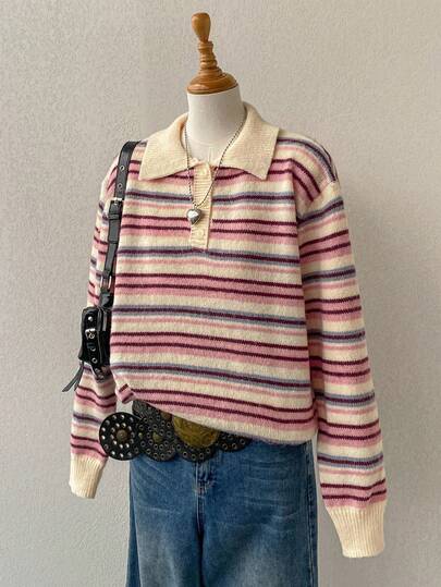 Elamini Áo len sọc nhiều màu cổ polo thường ngày đa năng