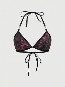 ROMWE Avant Y2K Sequins Embroidered Halter Neck Backless Bralette - Hot Pink - View 1