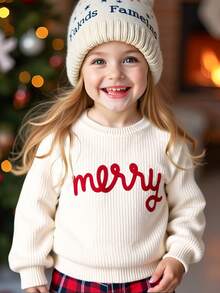 SHEIN 米色，可爱的圣诞“Merry”刺绣，圣诞氛围，舒适的季节，年轻女孩休闲宽松圆领长袖毛衣，适合秋冬季 - 奶油色 - 查看 5