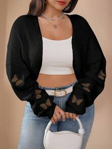 SHEIN LUNE Plus Size Women Solid Color Knitted Butterfly Embroidered Short Cardigan, Fashionable And Versatile For Autumn/Winter - Black - View 1
