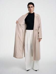 SHEIN LUNE Áo khoác dài tay dài bằng len pha ve áo trễ vai, thắt nơ, eo rút, cổ bẻ cho nữ, trang phục công sở thường ngày, đi làm, phong cách đường phố cổ điển thanh lịch, thời trang mùa đông đa năng, lễ Tạ ơn, tiệc tùng, trở lại trường, thu/đông - Màu Khaki - Xem 8