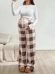 SHEIN Karierte Umstandshose mit Bindeband und Taschen für Schwangere, Herbst/Winter - Schokoladenbraun - Übersicht 6