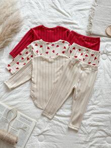 SHEIN 6pcs/Set Baby Girls Heart Print Top With Curved Hem + Printed Solid Color Pants, Cute Casual Versatile Outfit Set For Autumn - Multicolor - View 2