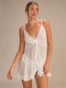 Enchnt 对比色蕾丝荷叶边装饰网眼娃娃装性感内衣连衣裙配丁字裤 - 白色 - 查看 5