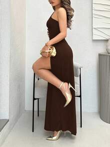 Jemour Đầm Maxi hở vai không tay màu trơn hở cổ bất đối xứng gợi cảm cho nữ mùa hè - Rỉ Nâu - Xem 6