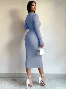 EURMUSE Solid Ribbed Knit Bodycon Sweater Dress - Blue - View 2