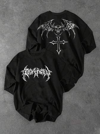 Sport MetroGents 男士骷髅与十字架印花黑色圆领短袖运动T恤