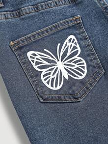 SHEIN 少女时尚优雅舒适白色蝴蝶图案蓝色牛仔喇叭裤，秋冬季休闲百搭，适合日常穿着和街头穿搭，也适合圣诞节、新年、感恩节等场合，时尚有型。 - 深色水洗藍 - 查看 5