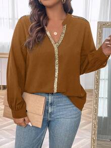 SHEIN Clasi Áo cánh tay dài cổ chữ V chắp vá sequin cỡ lớn thời trang rộng rãi cho nữ - Cà phê nâu - Xem 3