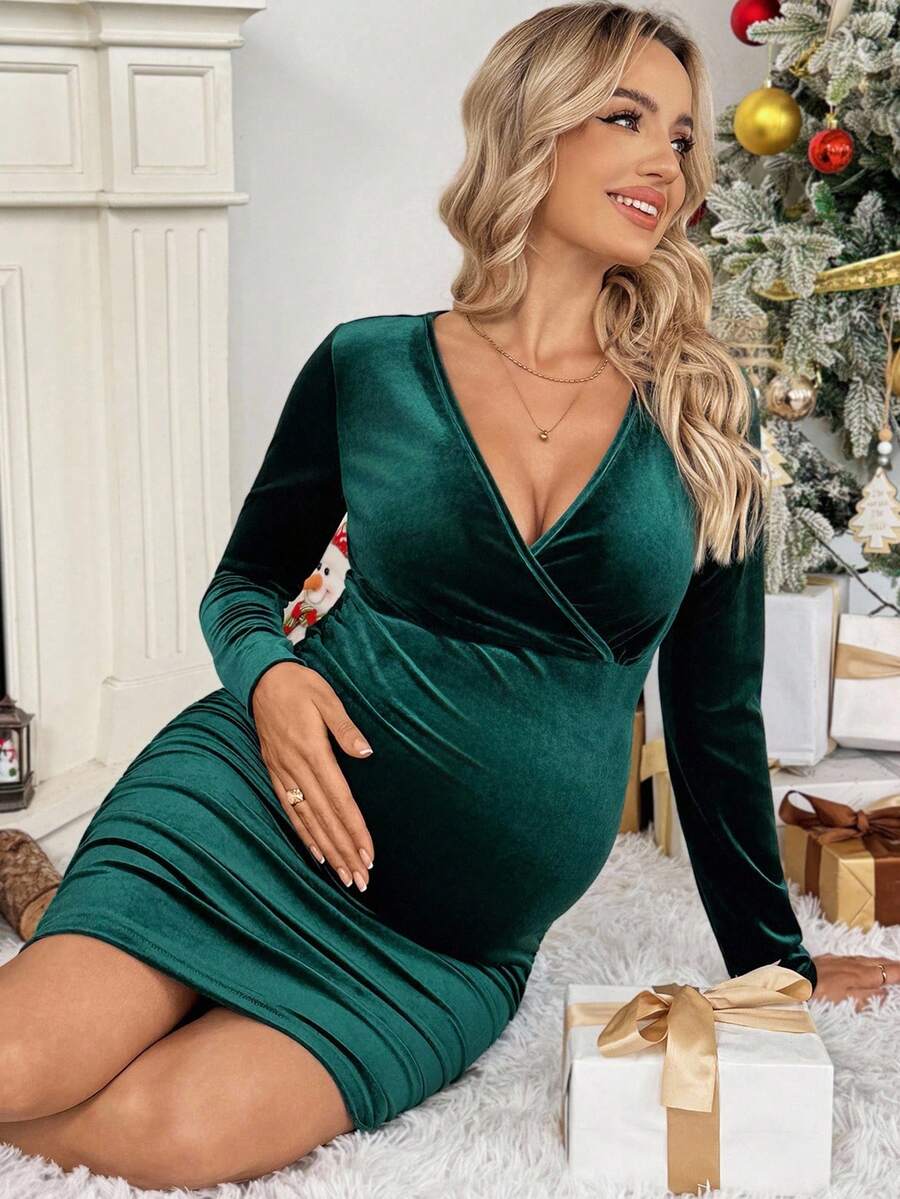 SHEIN 孕妇V领交叉裹身纯色褶皱长袖连衣裙 - 墨綠色 - 查看 1