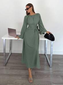 Siren Gaze 女式纯色圆领喇叭袖褶饰腰部抽绳长裙 - 綠色 - 查看 4