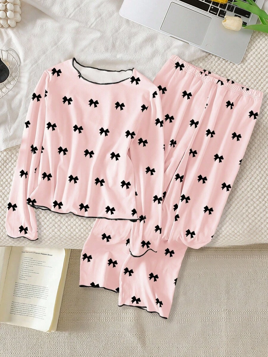 SHEIN 青少年女孩两件套睡衣套装，优雅时尚柔和粉色和黑色蝴蝶结，简约渐变波浪边，长袖上衣和裤子，休闲家居服 - 粉色 - 查看 1