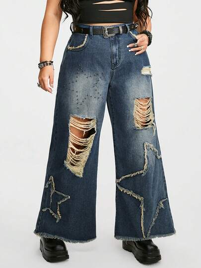 Grunge Punk Vintage Jeans mit Sternenmuster in Große Größen für Damen, weite Passform mit Destroyed-Effekt