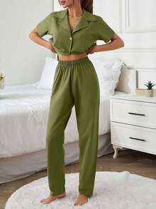 COTTON Women 2 Pcs Button Front With Pocket Detail Solid Coloue Homewear PJ Set - Green - View 5