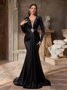 Aureia Elegant Black Stretch Satin Formal Dinner Dress,Long Sleeve Shoulder Pad Pleated Rhinestone Decor Fishtail Hem Trailing Wedding Event Gown - Black - View 2