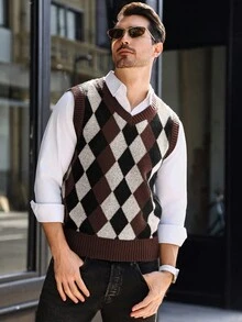 Manfinity Mode Men's Contrast Argyle Knit Sweater Vest, Fall/Winter - Multicolor - View 4