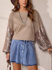 Women's Western Casual Khaki Round Neck Sequin Patchwork Drop Shoulder Puff Sleeve Sweatshirt, LanaWest - Khaki - View 4