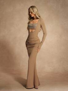 Almamuse Vestido largo con lentejuelas, escote bandeau y cintura calada para mujer, ideal para discoteca - Café - Ver 6