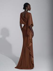 Elitara Elegant Luxurious Navy Blue Satin Ruffle Sleeve Sexy Slit Fishtail Bridesmaid Dress - Brown - View 3