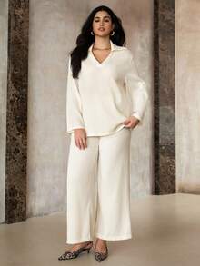 Roveilla Conjunto de 2 piezas de top de manga larga y pantalones de punto elegante y casual en estilo francés para mujer de talla grande - Albaricoque - Ver 7