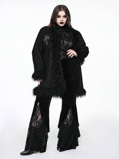 Goth Cardigan manteau à col en fourrure d'autruche avec croix en strass de grande taille, automne/hiver