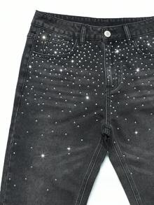 Manfinity Roghcode Men's Rhinestone Embellished Grey Denim Jeans Glitter Jeans Rhinestone Pants Men Sparkly Jeans, Perfect Holiday Gift For Boyfriend & Husband - Grey - View 3