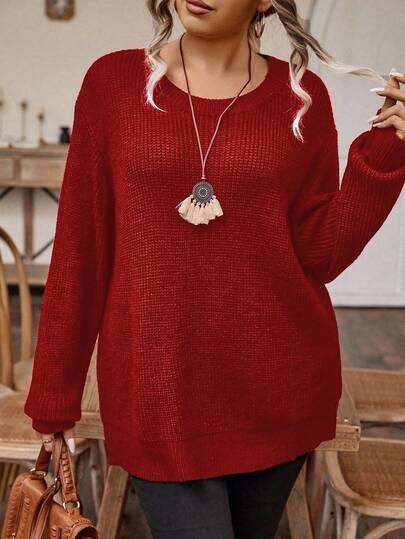SHEIN LUNE 大码女式休闲宽松圆领长袖纯色毛衣