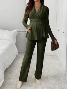 SHEIN Bộ 2 món đồ quấn bà bầu màu trơn hở vai dài tay xếp nếp giản dị thời trang - xanh quân đội - Xem 4