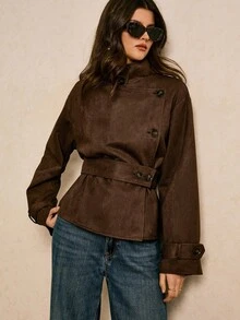 Poéselle 女士仿麂皮系带短款风衣 – 巧克力棕色双排扣高领风衣，轻松打造秋日时尚造型。这款仿麂皮短款风衣，棕色系带短款风衣外套，是打造简约秋季胶囊衣橱的理想之选。纯色纽扣高领优雅长袖风衣，适合秋冬季节穿着，也可作为女士冬季外套、圣诞新年派对外套。 - 棕色 - 查看 5