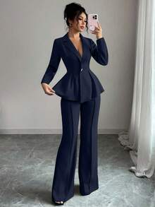 Elenzga 优雅束腰套装，时尚通勤喇叭修身裤，节日/约会装，独立日，女教师装 - 藏蓝色 - 查看 5