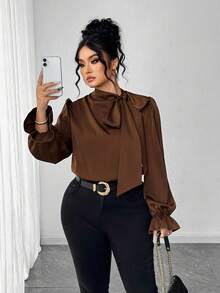 Elenzga Plus Size Elegant Commuter Solid Color Satin Collar Tie Neck Blouse Fall - Chocolate Brown - View 1