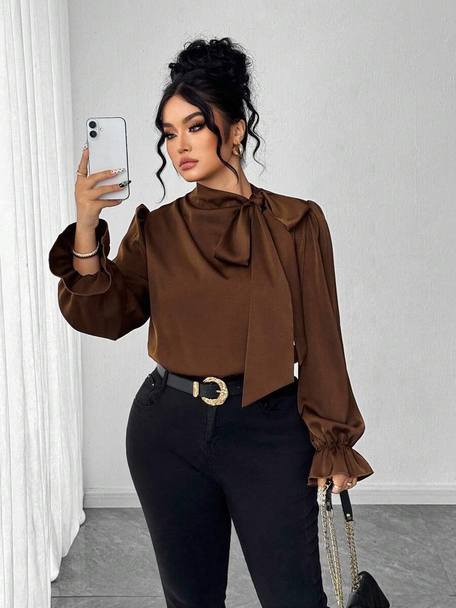 Elenzga Plus Size Elegant Commuter Solid Color Satin Collar Tie Neck Blouse Fall - Chocolate Brown - View 1