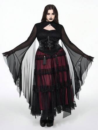 Große Größen Gothic Strass Schnalle extra lange übertriebene ausgestellte Rüschenärmel Schwarz Langarm Top, Herbst/Winter Dunkel Gothic Stil Damen Bluse, Damen Große Größen Halloween Party Top, Schwarz Lässig Herbst/Winter, Gothic, fließend elegant, Große Größen Top