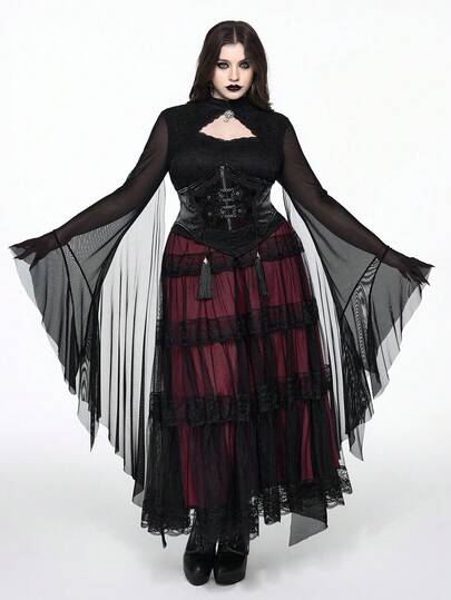 Goth Blusa de manga larga negra con volantes exagerados y hebilla de cristal, estilo gótico oscuro para otoño/invierno, blusa gótica elegante y fluida para mujeres de talla grande, ideal para fiestas de Halloween