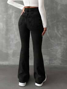 EURMUSE 98%Cotton Women's Flared Ripped Jeans - Black - View 2