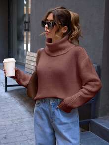 SHEIN Cottnline Casual Turtle Neck Plain Crop Sweater - Dusty Pink - View 7