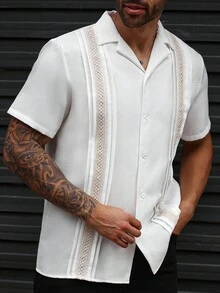 Manfinity Homme Áo sơ mi nam tay ngắn dệt chắp vá cỡ lớn, đơn hàng khuy, đối xứng, xếp ly đôi, thường ngày, đi nghỉ, dự tiệc, văn phòng, tiệc tối, phong cách đa năng, quà tặng lý tưởng cho bạn trai hoặc chồng - trắng - Xem 6