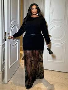 NU&NOW 大码女式优雅针织连衣裙，圆领，长袖，蕾丝下摆，秋冬 - 黑色 - 查看 5