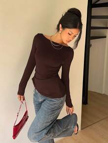 Siren Gaze 女式蕾丝拼布蝴蝶结后背修身长袖露肩上衣 - 巧克力棕 - 查看 2