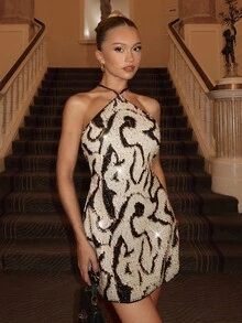 Glamine Women's Sexy Sequin Halter Neck Party Clubwear Dress For Christmas Patterned Dress Mini Dress Sparkly Dress Halter Dress Sequin Dress - Multicolor - View 4