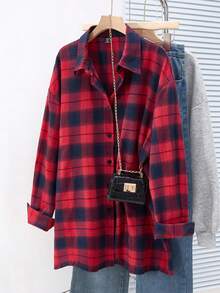 SHEIN Plus Size Casual Plaid Dropped Shoulder Loose Shirt, Autumn - Multicolor - View 3