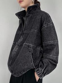 FRIFUL 女式休闲水洗宽松拉链立领牛仔夹克，秋季 - 黑色 - 查看 1