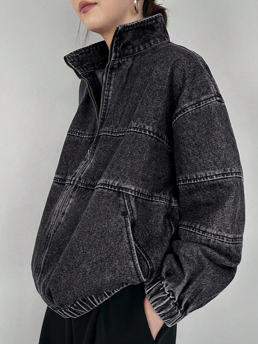 FRIFUL 女式休闲水洗宽松拉链立领牛仔夹克，秋季 - 黑色 - 查看 1