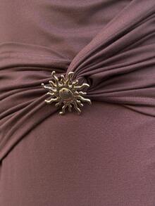 Elyressa Women's Solid Color Round Neck Pleated Elegant Long Sleeve Dress - Brown - View 4