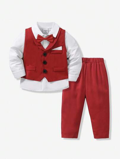 SHEIN Baby Boy Formal Solid Color Shawl Neck Vest And Pants Suit For Party/Performance, Excluding Shirt