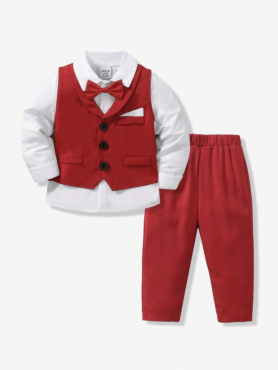 SHEIN Baby Boy Formal Solid Color Shawl Neck Vest And Pants Suit For Party/Performance, Excluding Shirt - Red - View 1