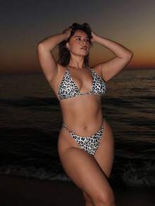 Nezia Cruz 女士豹纹吊带前系带性感比基尼泳装套装，夏季海滩 - 彩色 - 查看 5