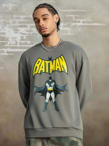 BATMAN X SHEIN Men's Casual Letter & Cartoon Graphic Crew Neck Sweatshirt, Autumn, Long Sleeve Top - Dark Grey - View 5