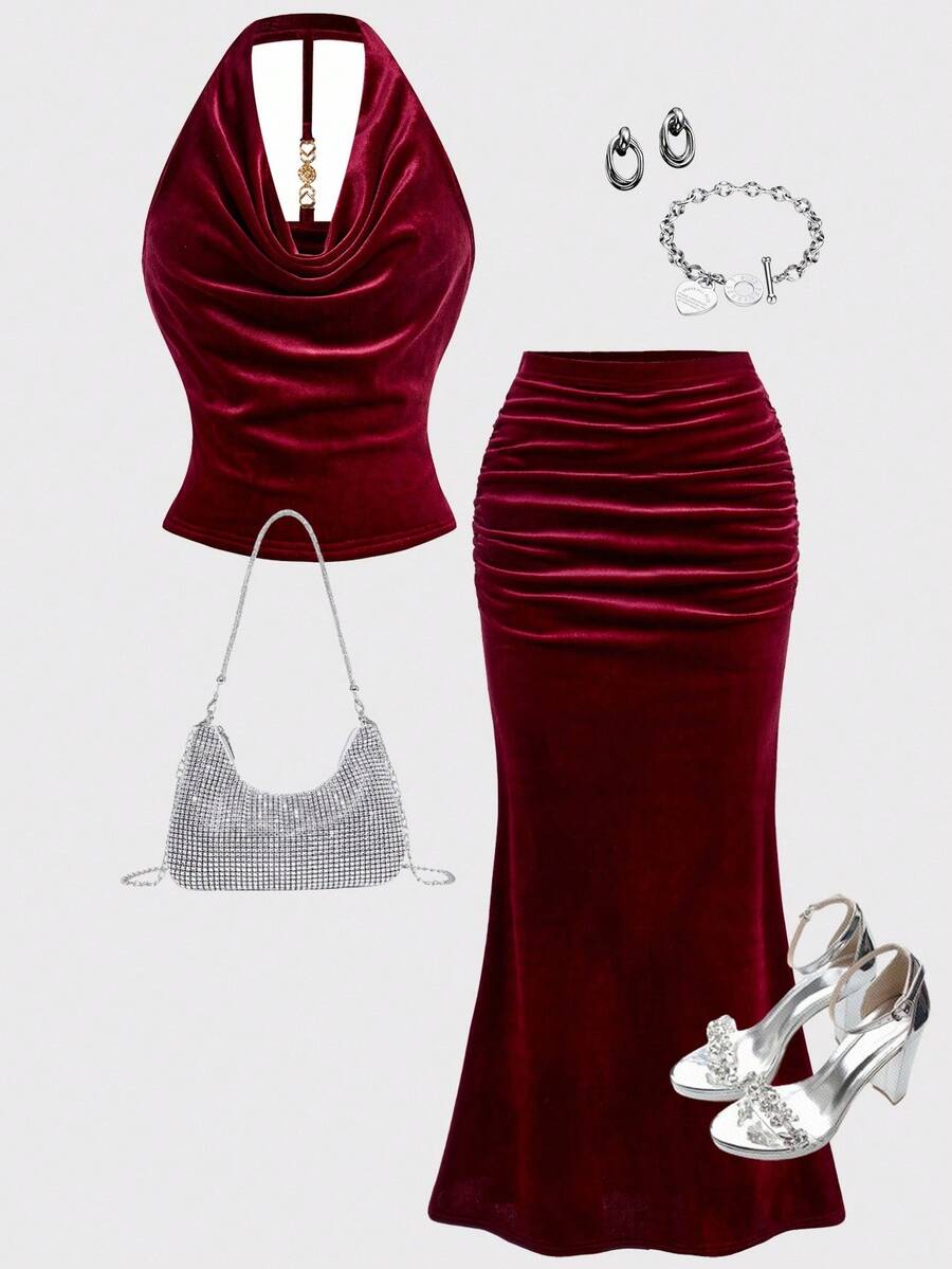 Girlism 2 件套优雅勃艮第红露背上衣和迷你裙套装，适合少女 - 酒紅色 - 查看 1