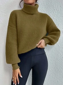 Celisse Sweater Pullover Kasual Longgar Lengan Panjang Kerah Tinggi Bahu Jatuh Warna Polos untuk Wanita, Musim Gugur/Dingin - Perunggu - View 5